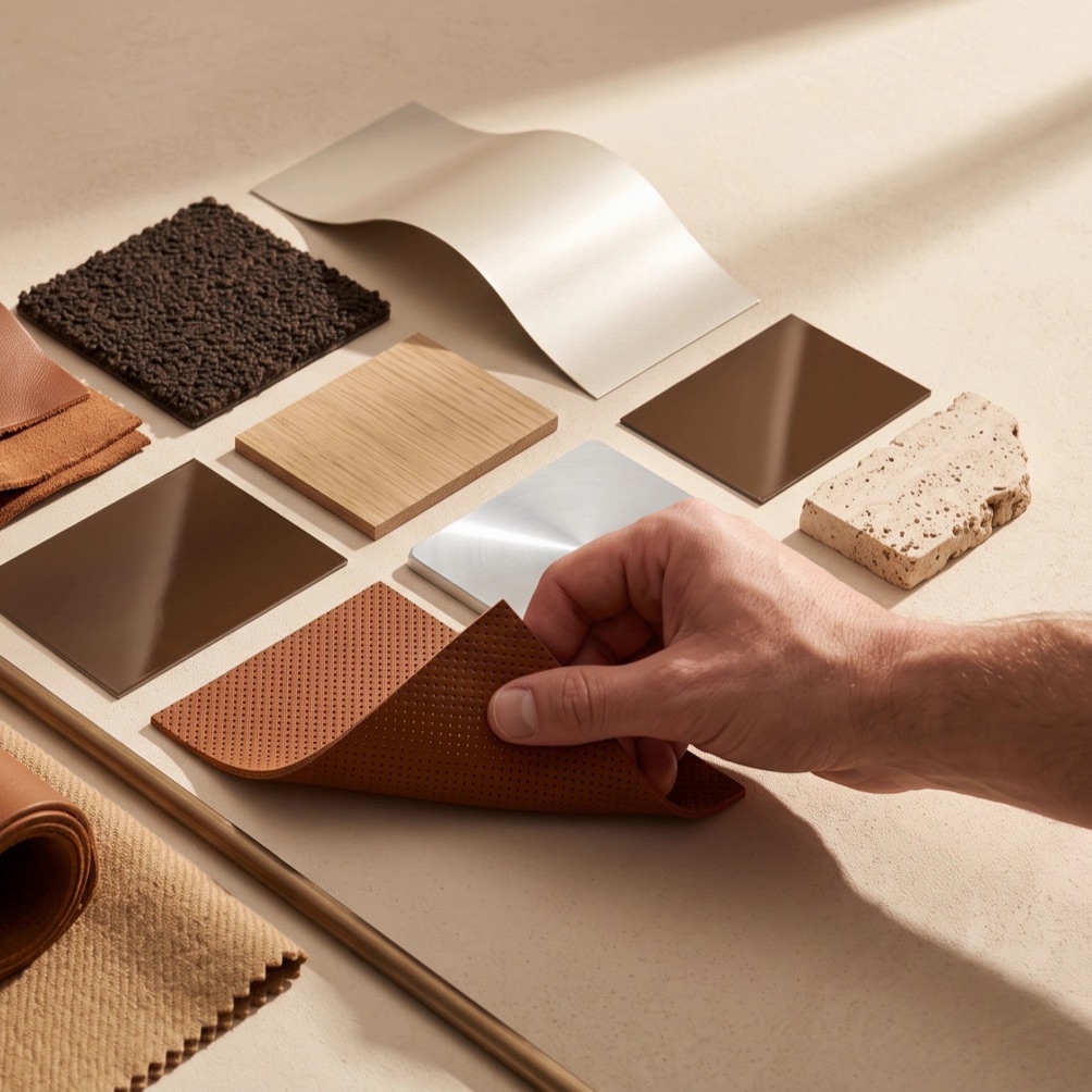 YTEM CMF selection, leather, textile, wood, metal and stone samples laid out