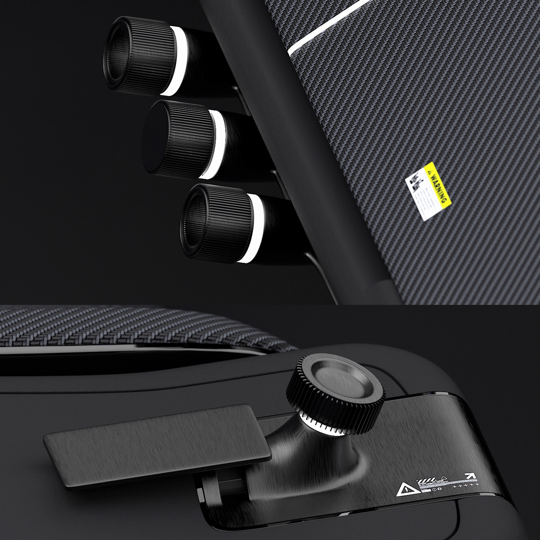 YTEM cockpit controls, knurled dials and a thumb rocker resolved against carbon