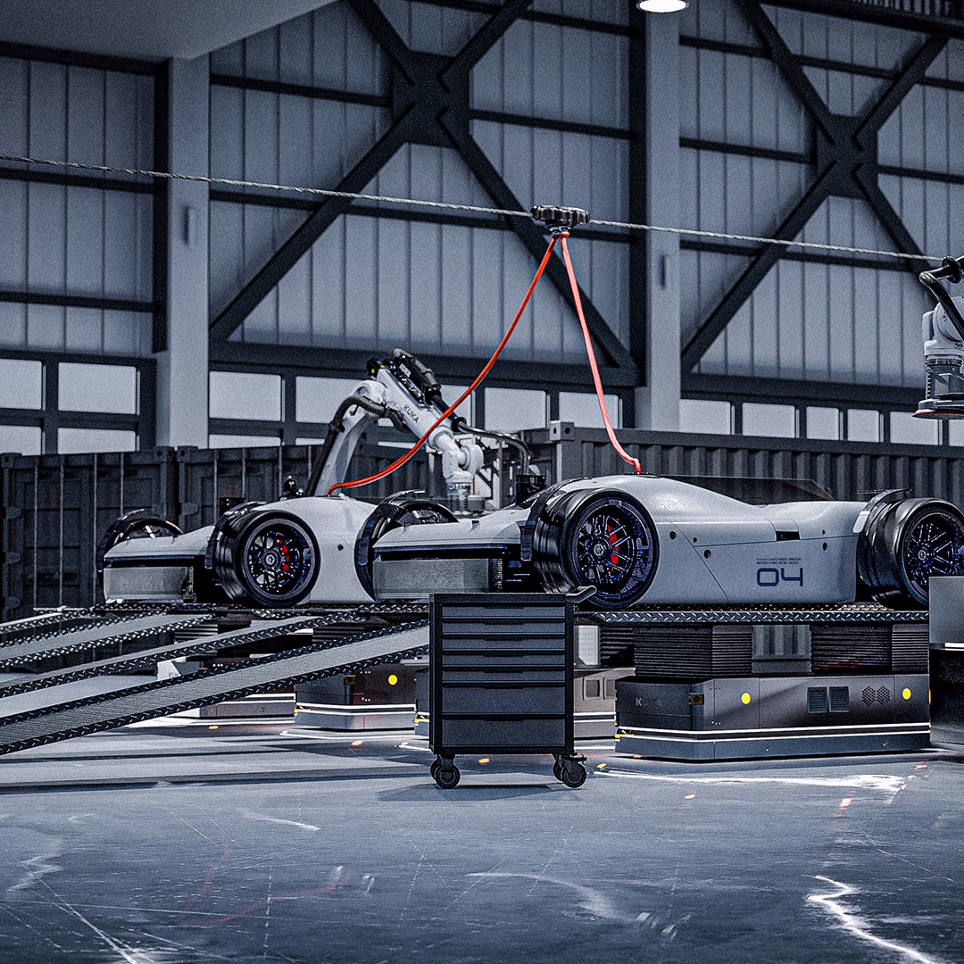 YTEM concept race car on the line, robot cell and transport rig