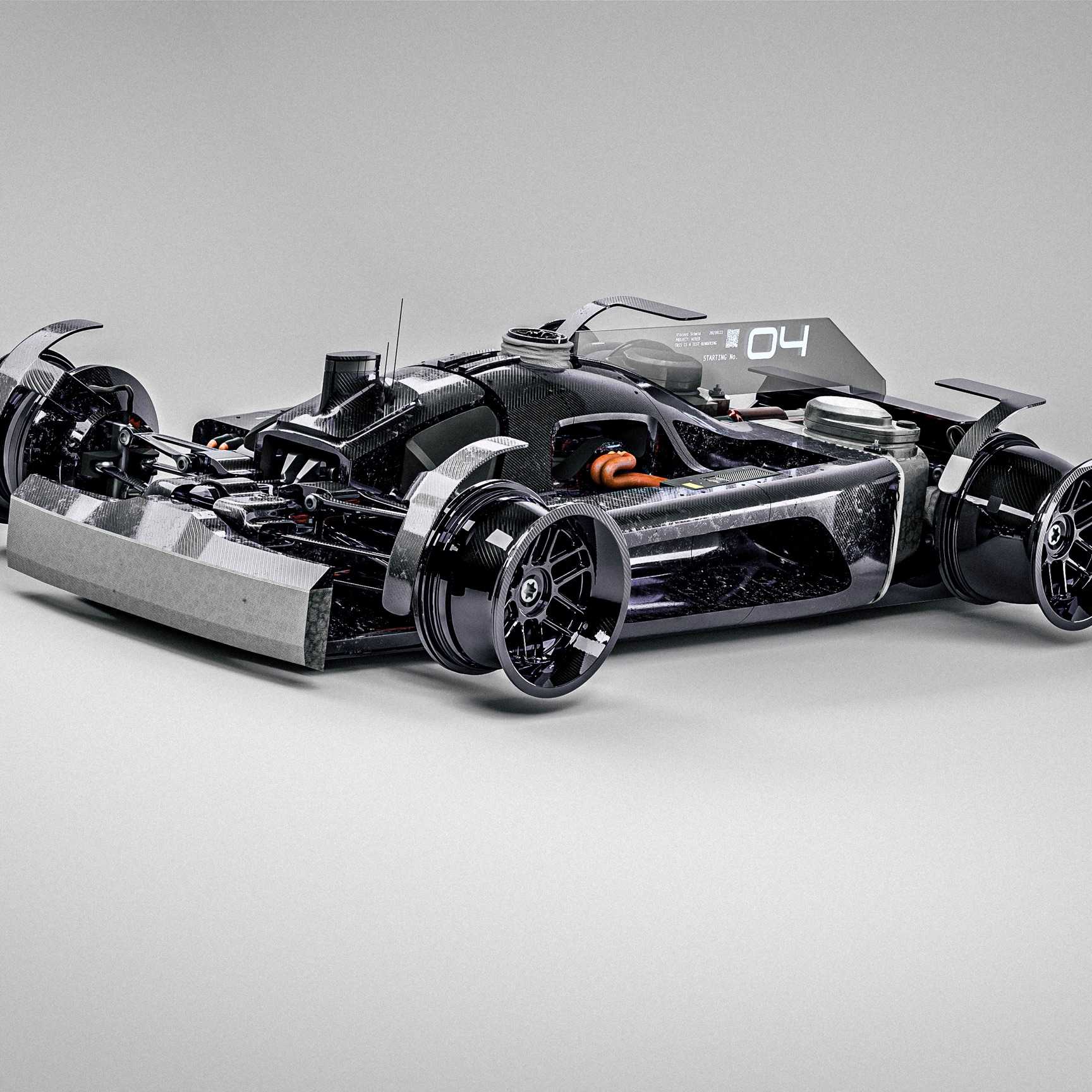 YTEM concept race car as a rolling package, carbon structure and running gear exposed