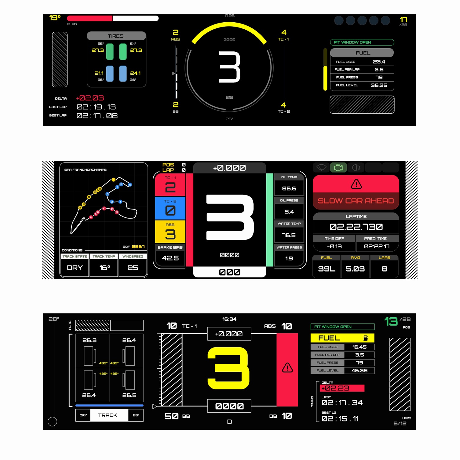 YTEM race display, three layouts drawn up: minimal, efficient and technical