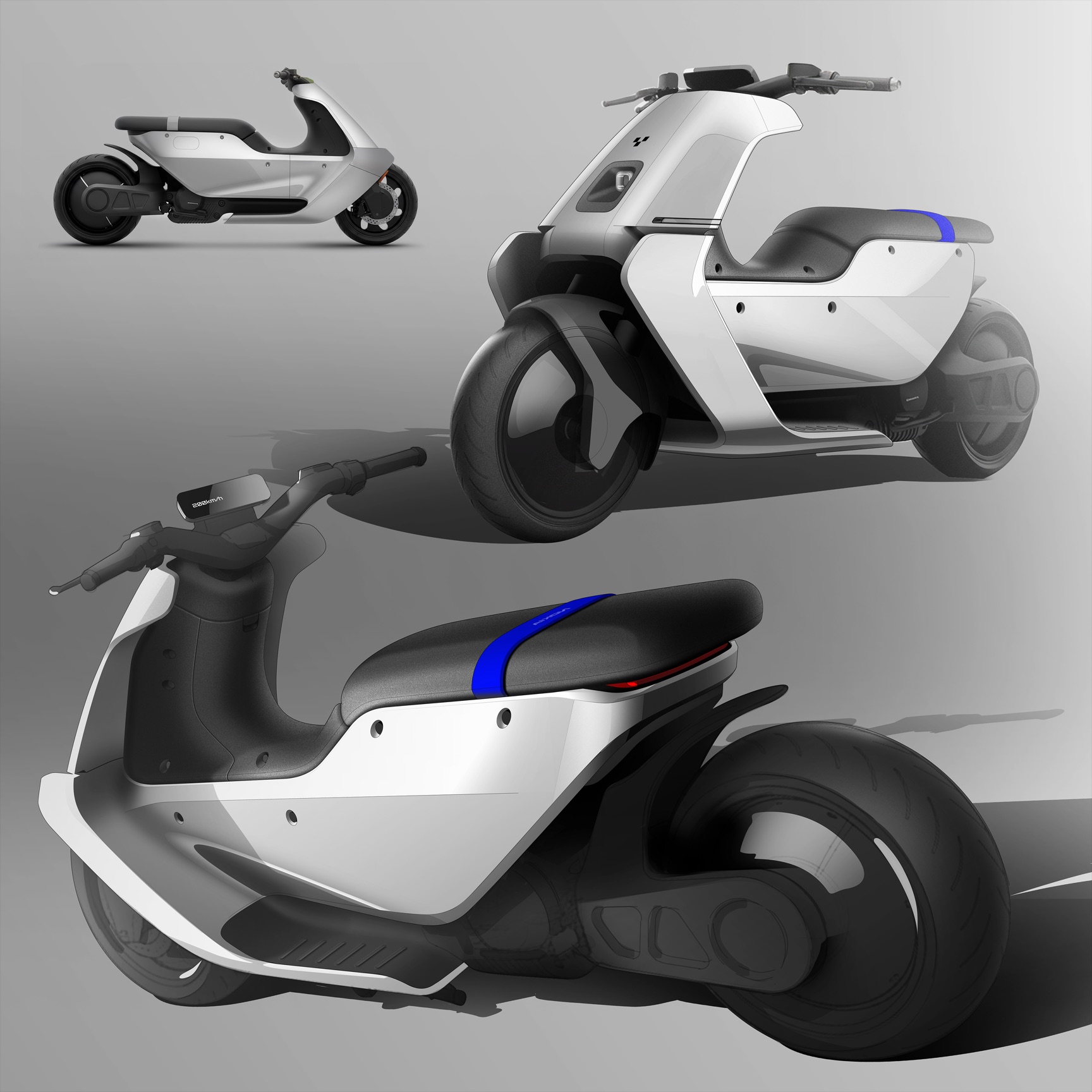 YTEM scooter concept, three views worked up from sketch